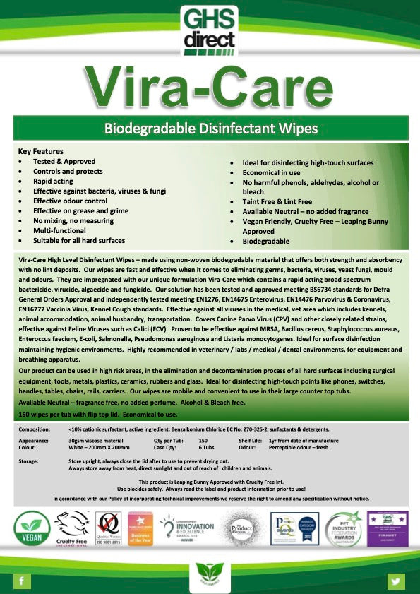 GHS direct Vira-care biodegradable disinfectant wipes